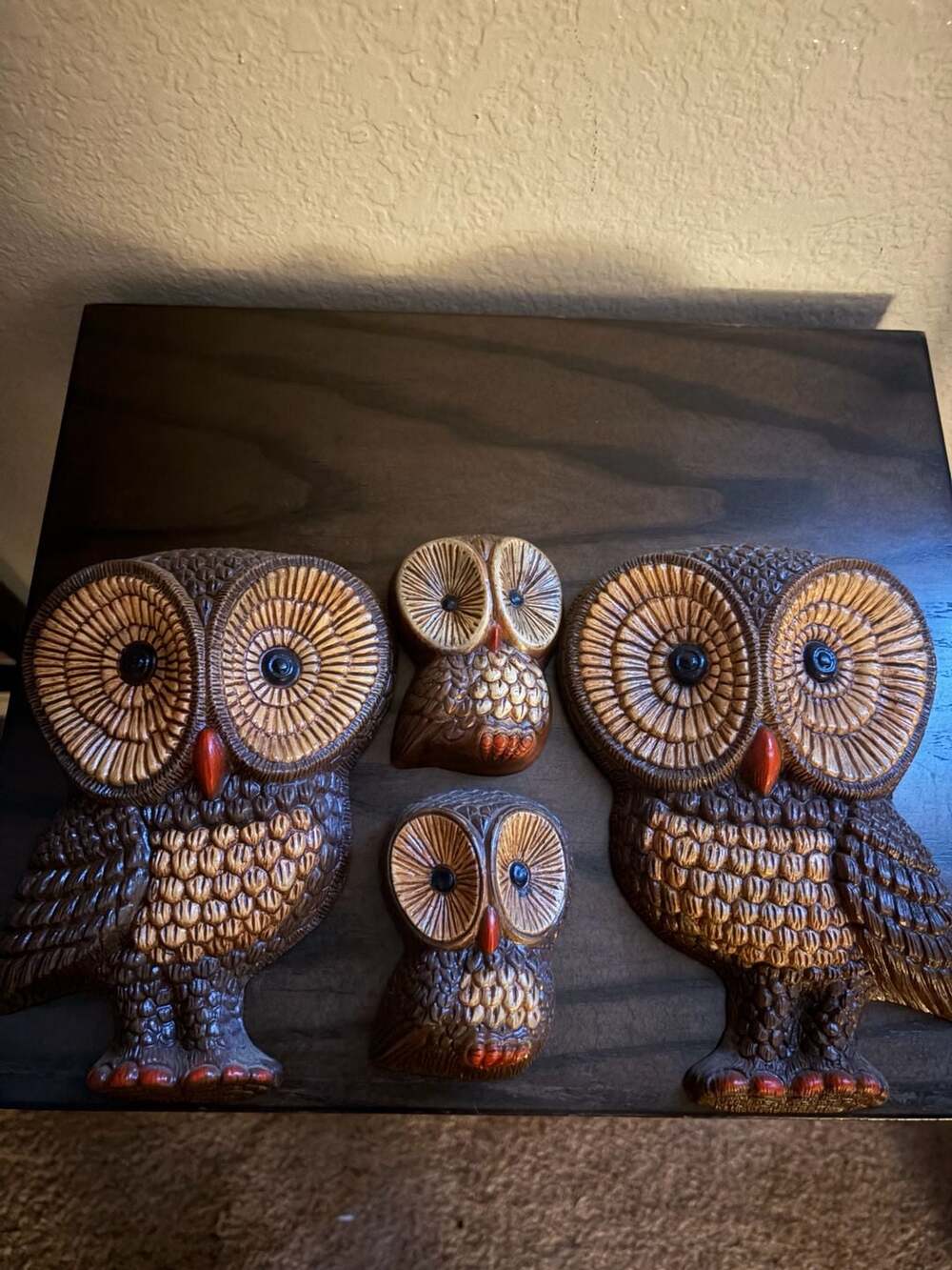 Vintage Mid-Century Modern Brown Owl Family Wall Plaques Set of 4